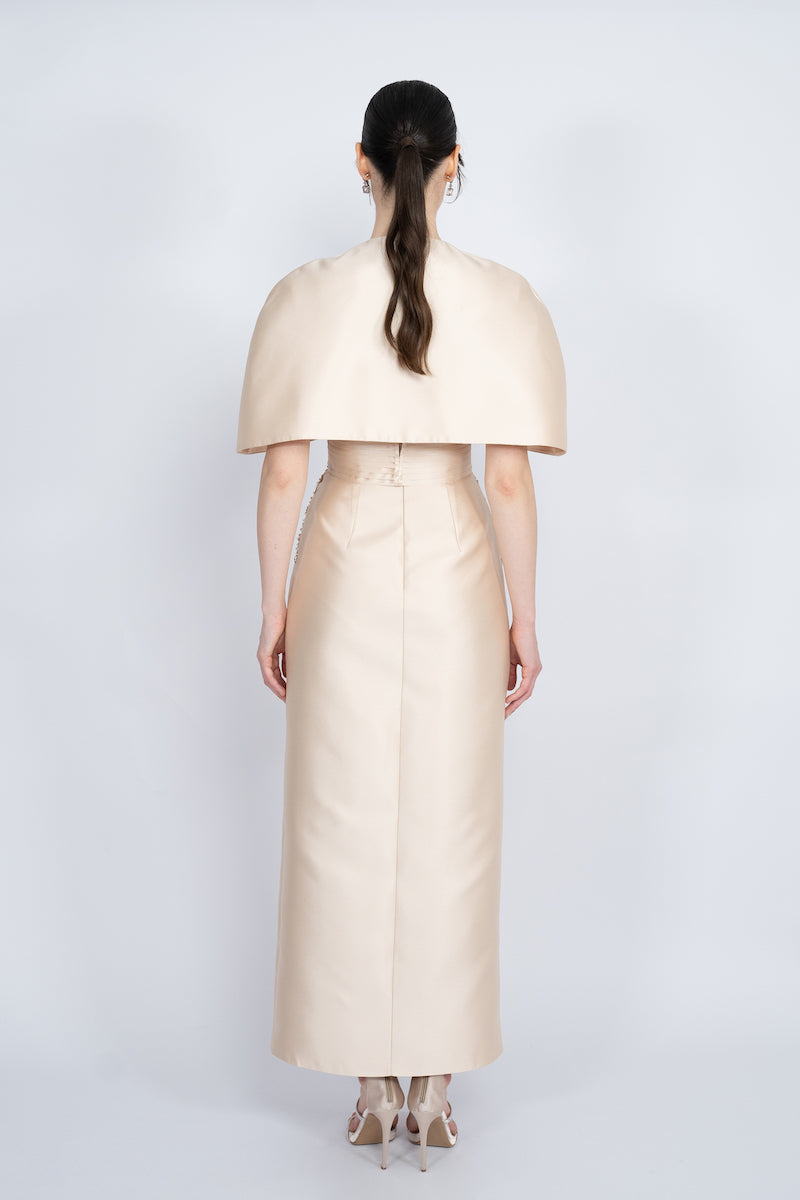 NUDE DETACHABLE MINI CAPE JACKET MAXI DRESS - CULT MIA