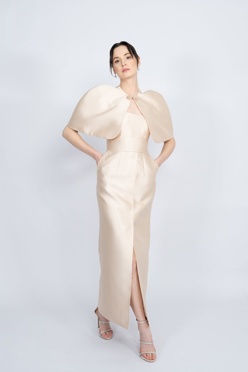 NUDE DETACHABLE MINI CAPE JACKET MAXI DRESS - CULT MIA
