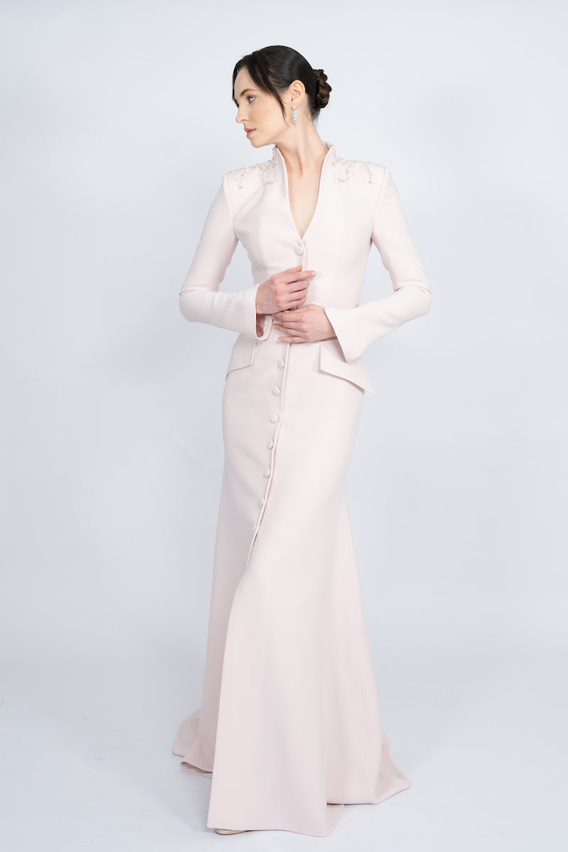 POWDER PADDED SHOULDER LONG JACKET DRESS - CULT MIA