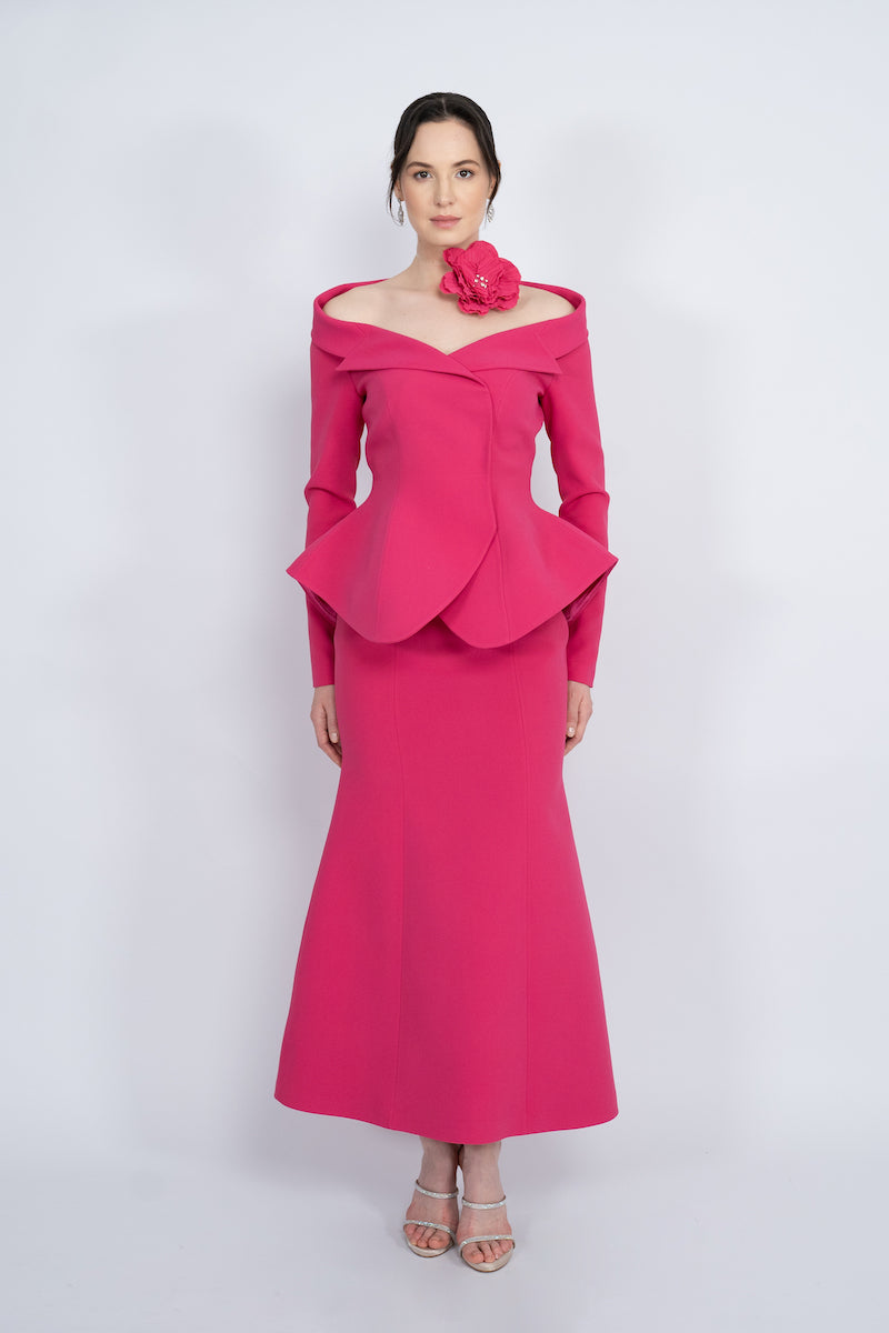 FUCHSIA TWO-PIECE HANDMADE FLORAL DETAIL MAXI SUIT - CULT MIA