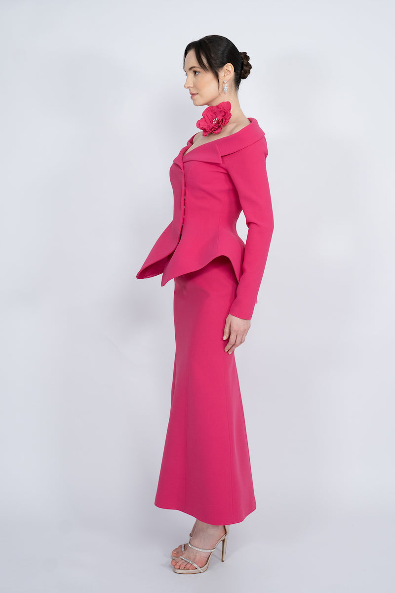 FUCHSIA TWO-PIECE HANDMADE FLORAL DETAIL MAXI SUIT - CULT MIA
