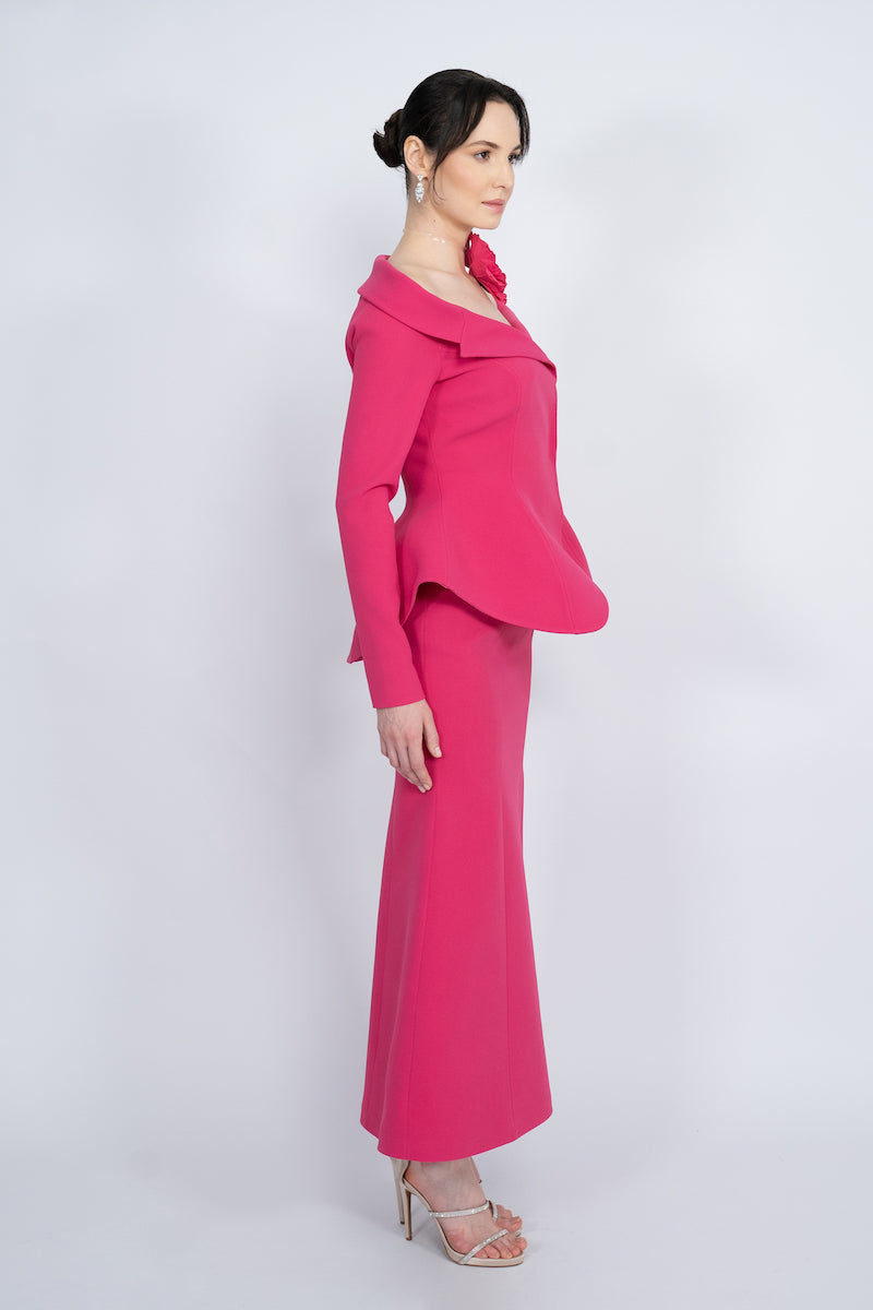 FUCHSIA TWO-PIECE HANDMADE FLORAL DETAIL MAXI SUIT - CULT MIA