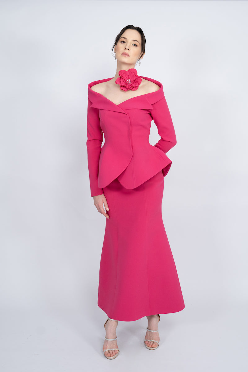 FUCHSIA TWO-PIECE HANDMADE FLORAL DETAIL MAXI SUIT - CULT MIA