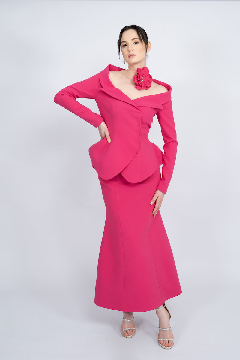 FUCHSIA TWO-PIECE HANDMADE FLORAL DETAIL MAXI SUIT - CULT MIA