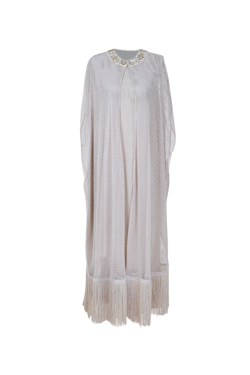 EMBELLISHED TASSEL DRESS IN BEIGE - CULT MIA