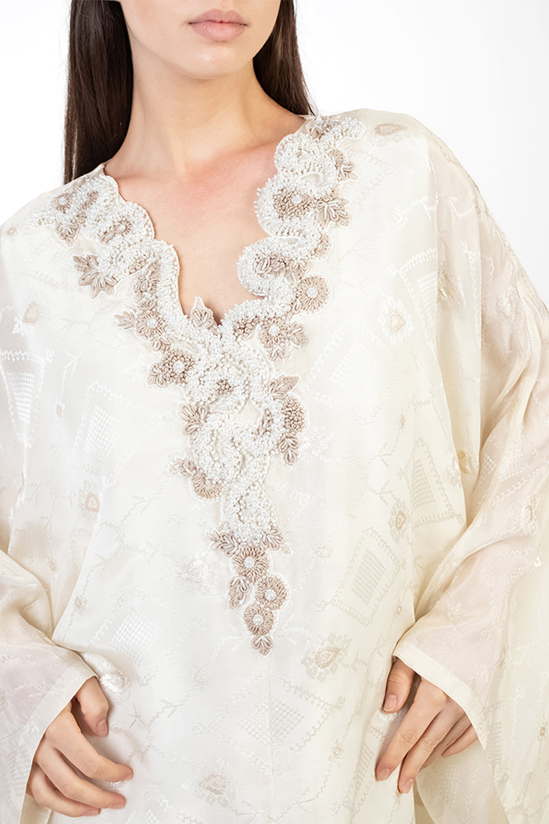 EMBELLISHED V-NECK CAFTAN IN LIGHT GOLD - CULT MIA