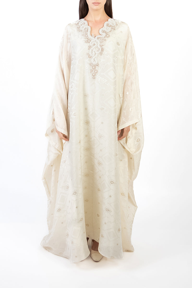 EMBELLISHED V-NECK CAFTAN IN LIGHT GOLD | CULT MIA | SHATHA ESSA EMBELLISHED V-NECK CAFTAN IN LIGHT GOLD | CULT MIA | SHATHA ESSA