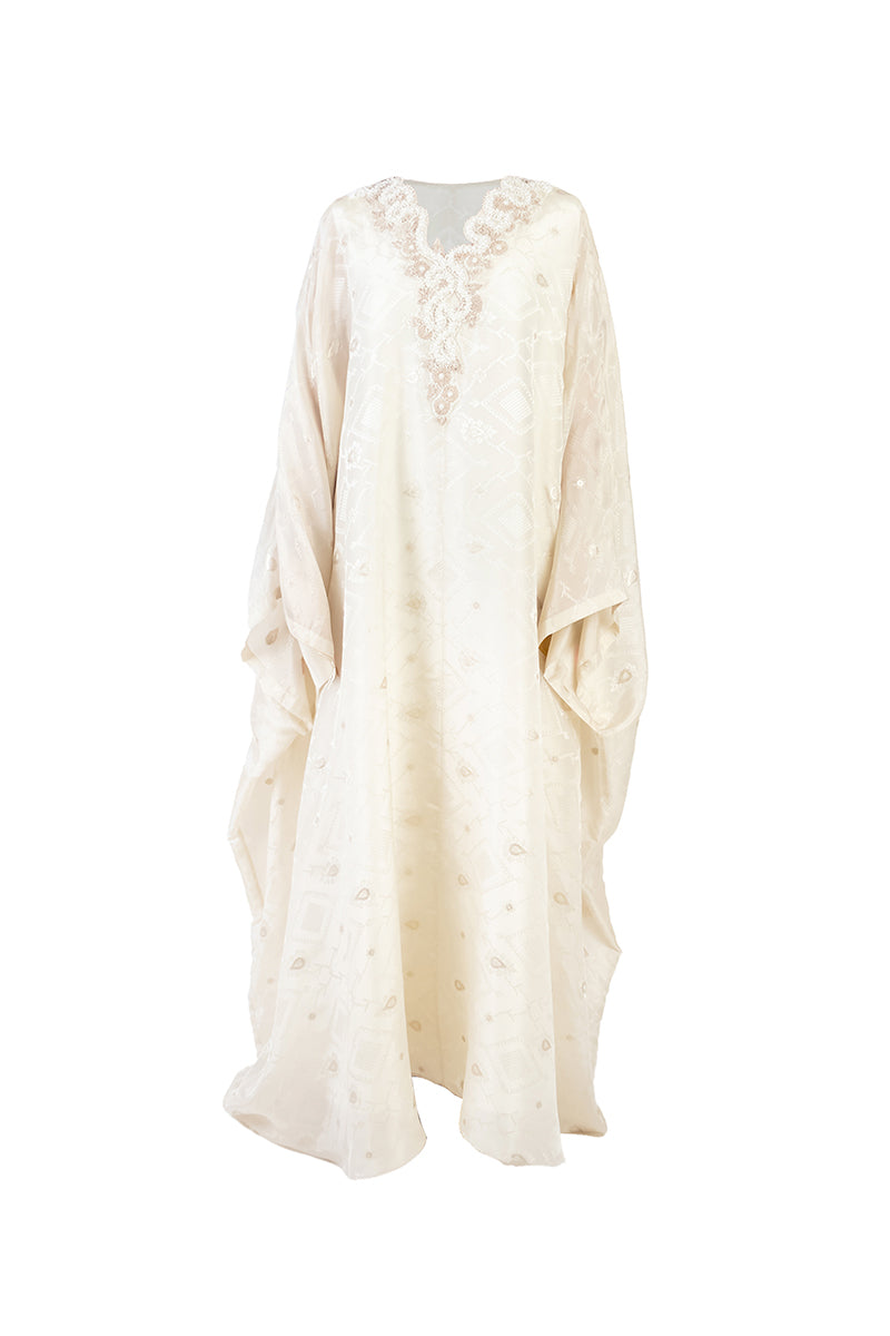 EMBELLISHED V-NECK CAFTAN IN LIGHT GOLD - CULT MIA