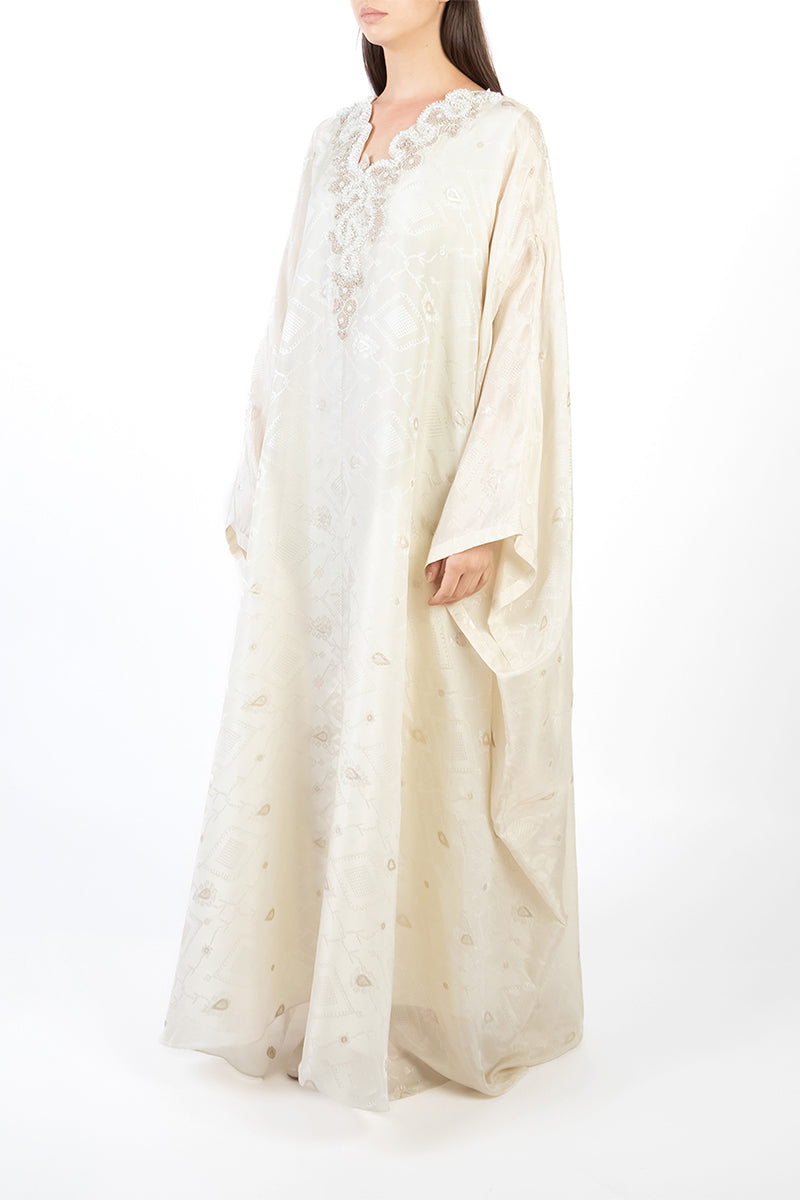 EMBELLISHED V-NECK CAFTAN IN LIGHT GOLD - CULT MIA