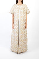 Shatha Essa gold coat dress featuring a stylish front view, elegant design, and sleek fabric for a sophisticated look.