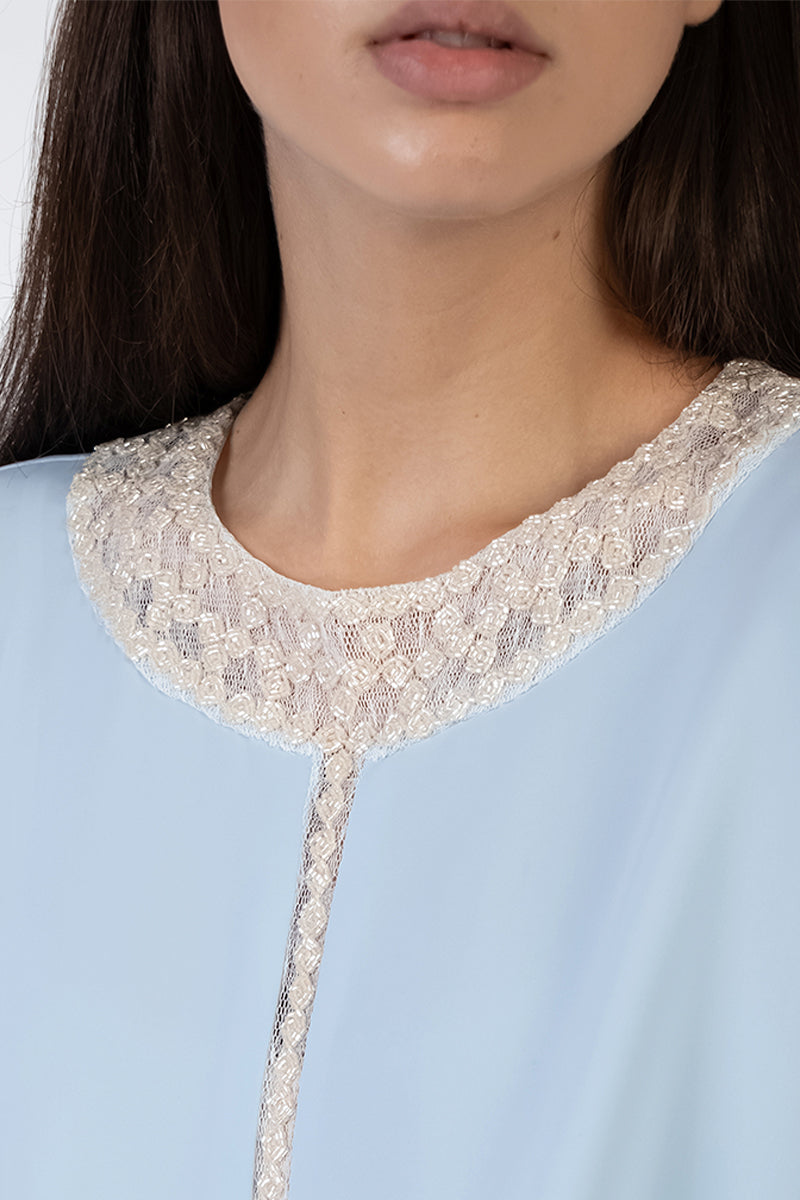 EMBELLISHED PANEL DETAIL DRESS IN LIGHT BLUE - CULT MIA