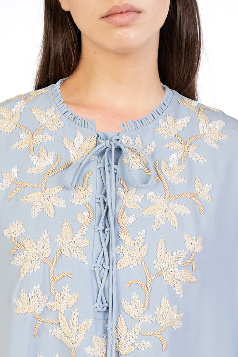 FLORAL EMBELLISHED CAPE IN LIGHT BLUE - CULT MIA