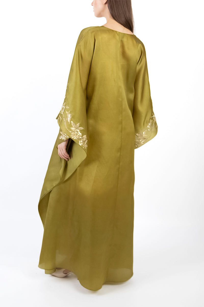 FLORAL EMBROIDERED WRAP CAFTAN IN OLIVE GREEN - CULT MIA
