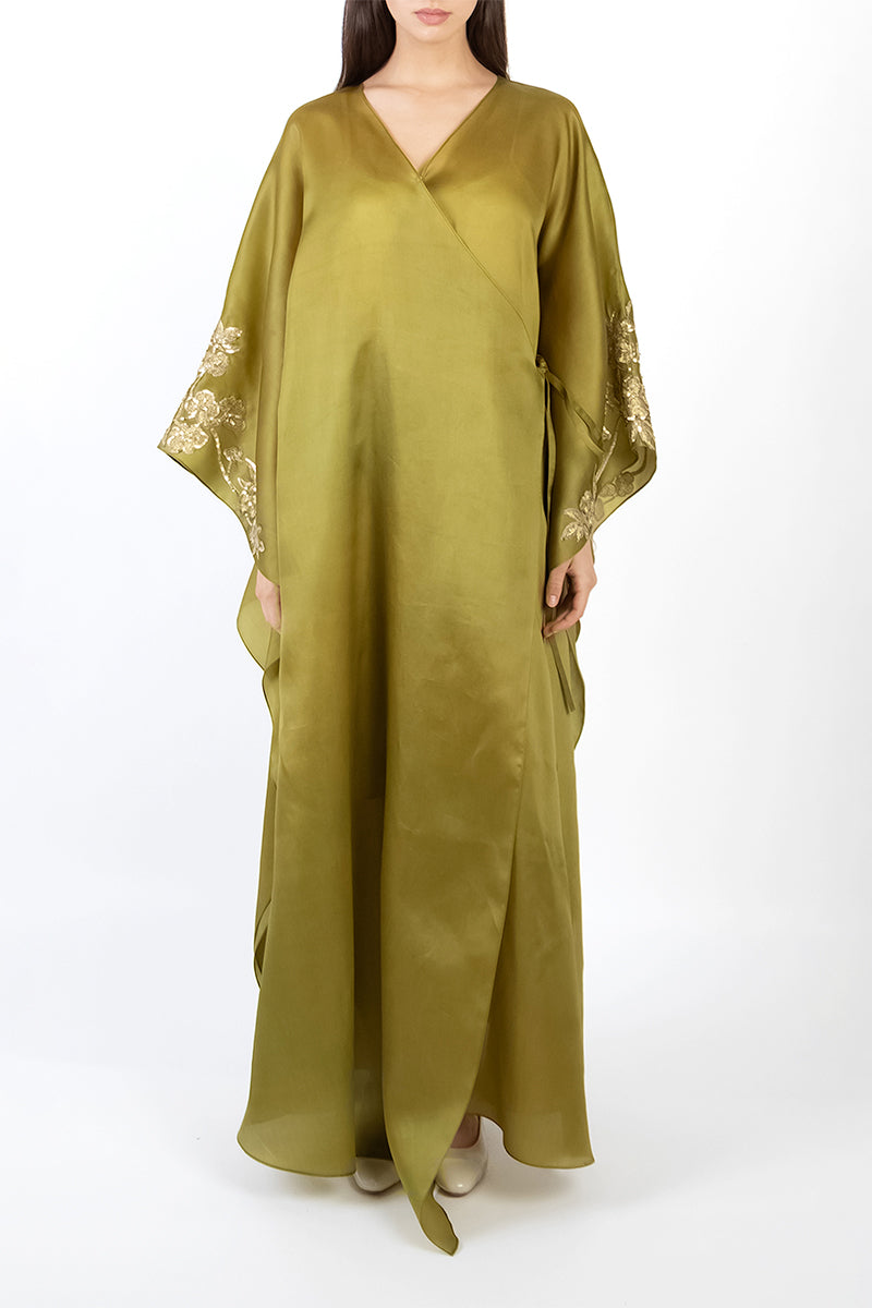 FLORAL EMBROIDERED WRAP CAFTAN IN OLIVE GREEN | CULT MIA | SHATHA ESSA FLORAL EMBROIDERED WRAP CAFTAN IN OLIVE GREEN | CULT MIA | SHATHA ESSA