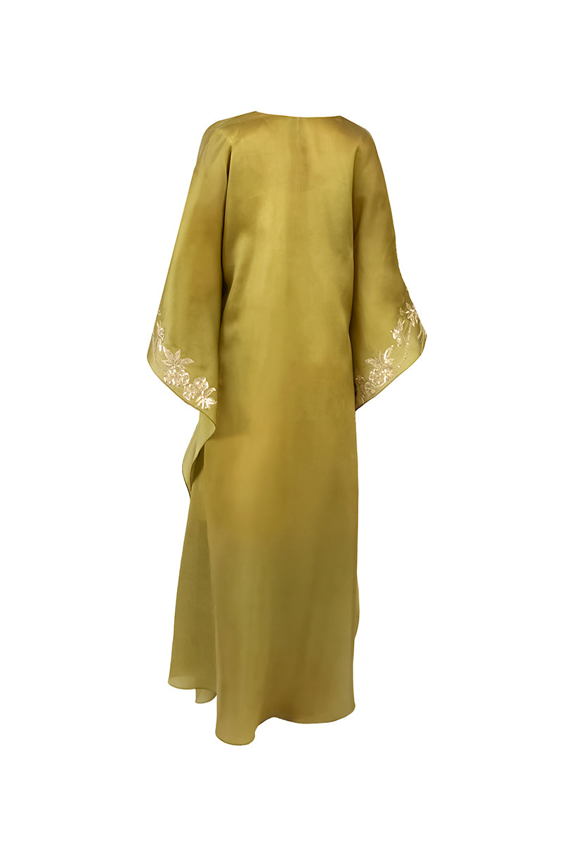 FLORAL EMBROIDERED WRAP CAFTAN IN OLIVE GREEN - CULT MIA