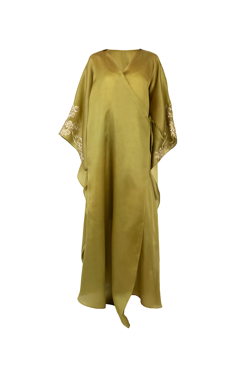 FLORAL EMBROIDERED WRAP CAFTAN IN OLIVE GREEN - CULT MIA