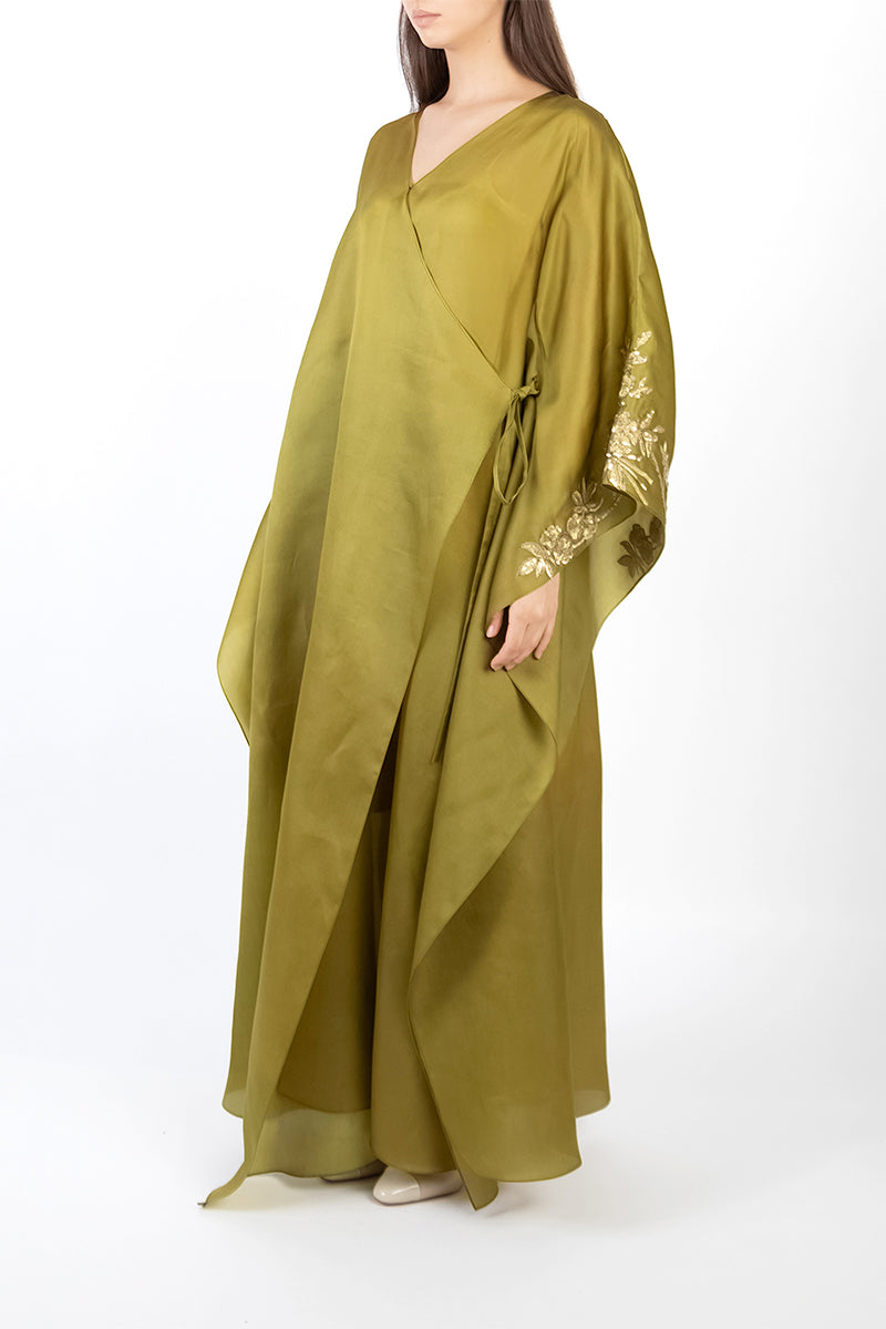 FLORAL EMBROIDERED WRAP CAFTAN IN OLIVE GREEN - CULT MIA