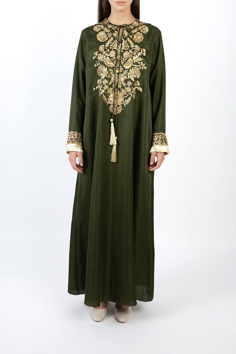 EMBROIDERED TASSEL DETAIL DRESS IN DARK GREEN - CULT MIA