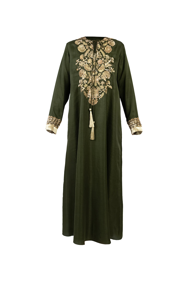 EMBROIDERED TASSEL DETAIL DRESS IN DARK GREEN - CULT MIA