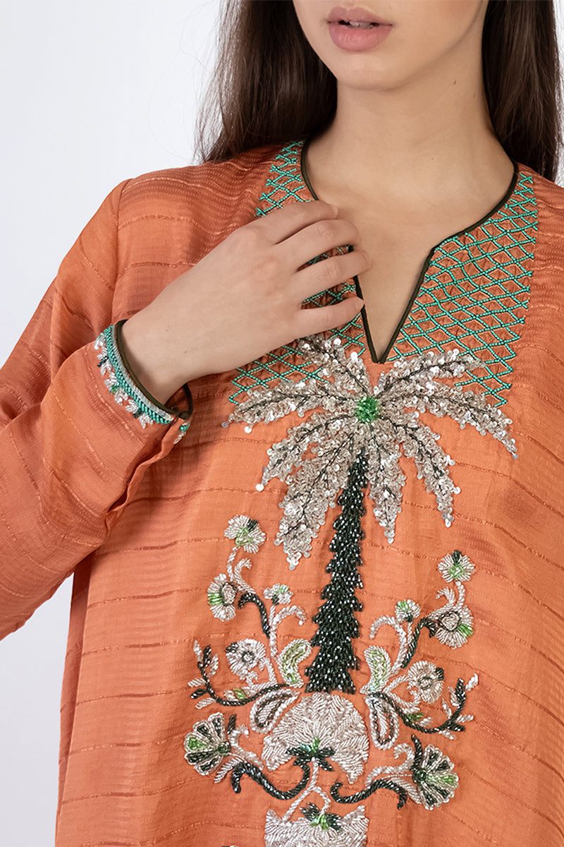 PALM TREE EMBELLISHED DRESS IN SOFT ORANGE - CULT MIA