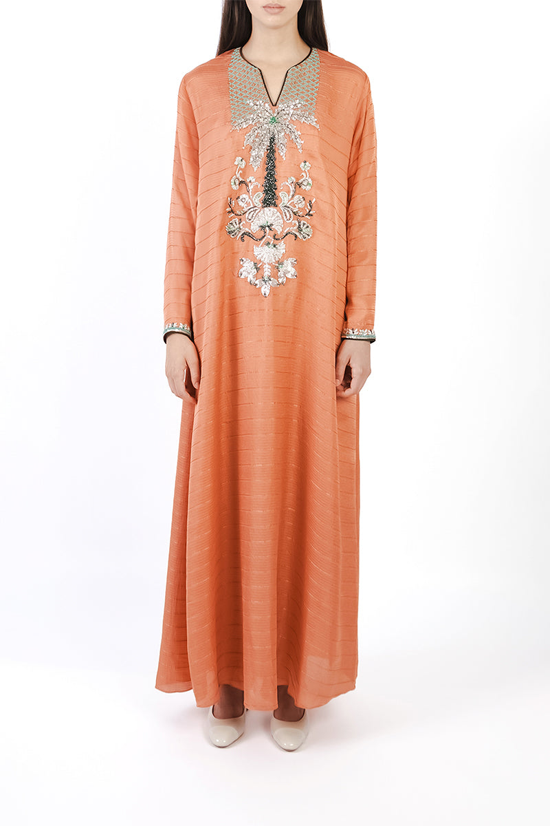 PALM TREE EMBELLISHED DRESS IN SOFT ORANGE - CULT MIA
