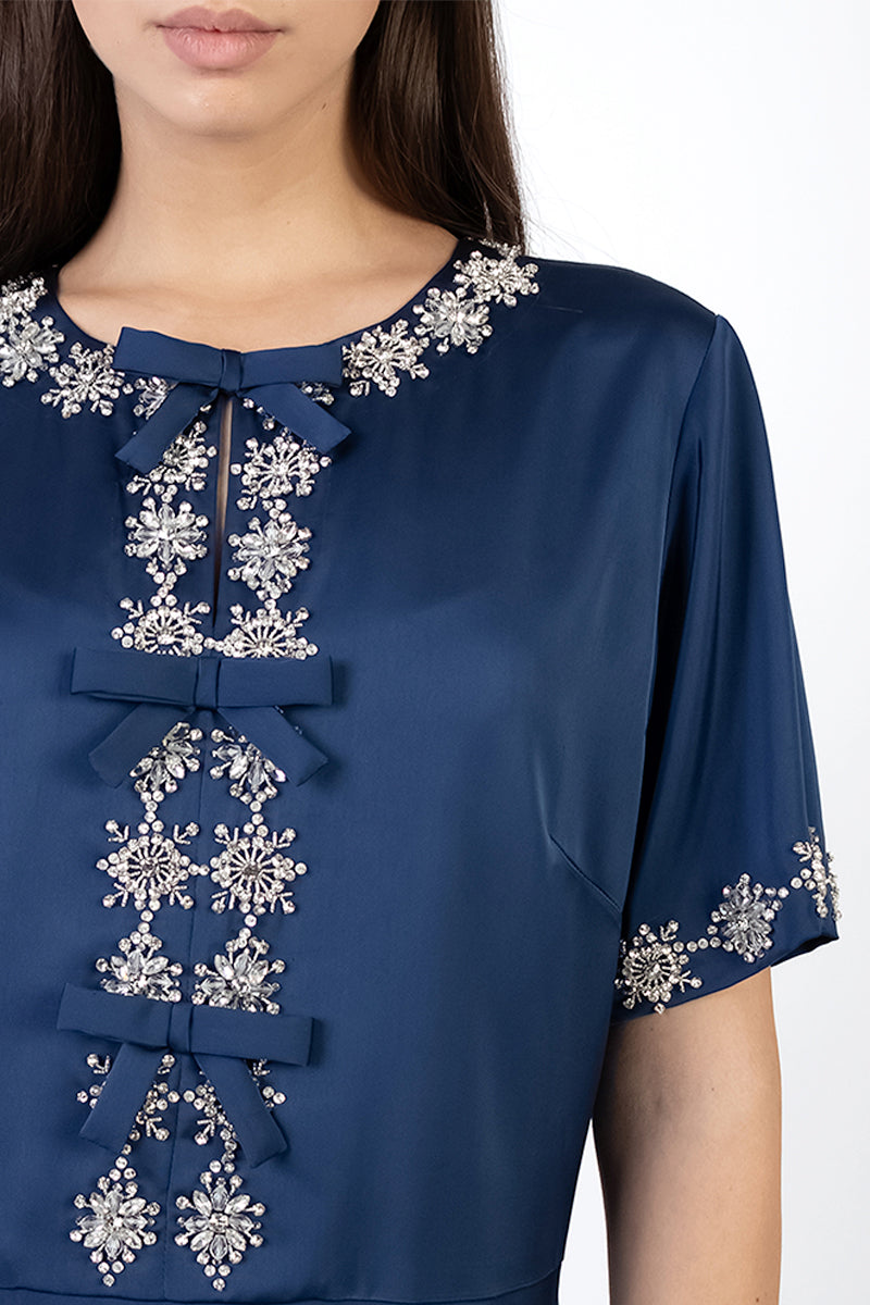 BOW DETAIL DRESS IN NAVY BLUE - CULT MIA