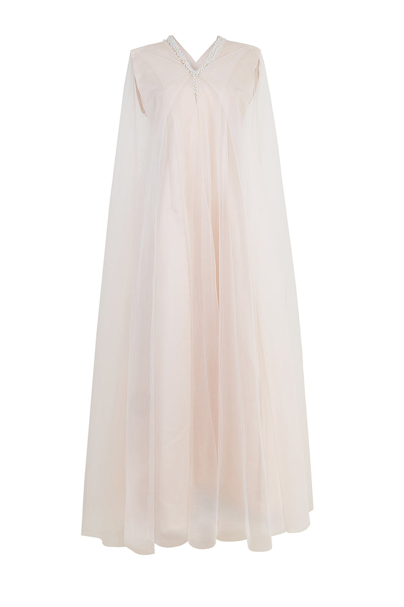PEARL EMBELLISHED DRAPE DETAIL CAPE DRESS - CULT MIA