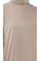 Shatha Essa crystal-embellished collar detail maxi dress, featuring elegant design and intricate crystal accents.