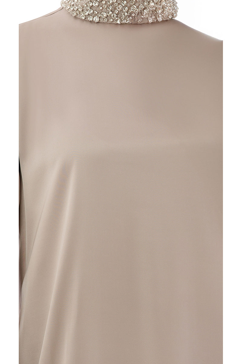 Shatha Essa crystal-embellished collar detail maxi dress, featuring elegant design and intricate crystal accents.