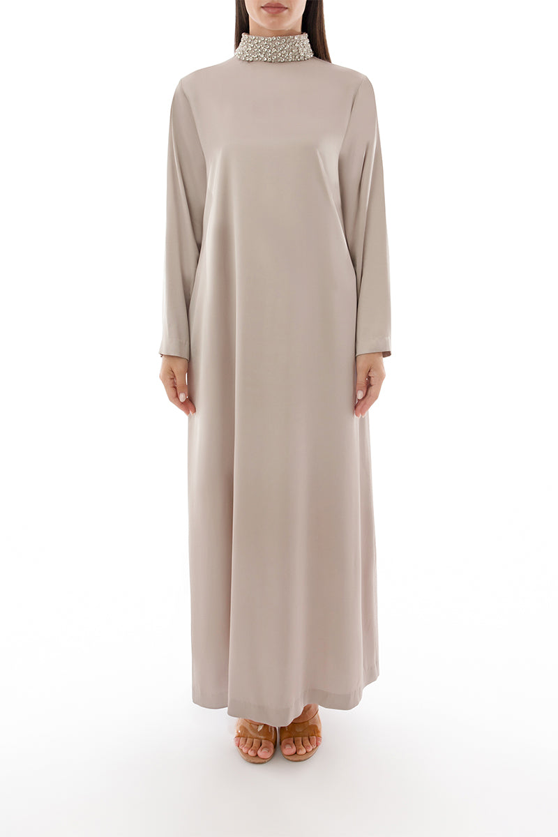 Shatha Essa crystal-embellished collar detail maxi dress showing front view with elegant design and intricate embellishments.