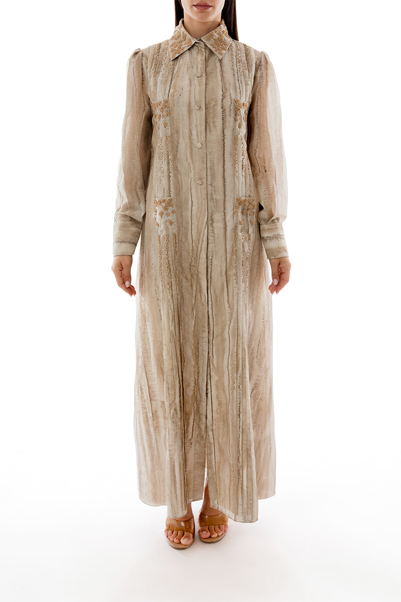 Shatha Essa embroidered maxi shirt dress with detailed embroidery, front view showcasing intricate design and flowing fabric.