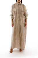 Floral embroidered oversized shirt dress with inner dress, stylish maxi dress by Shatha Essa, front view showing vibrant floral details.