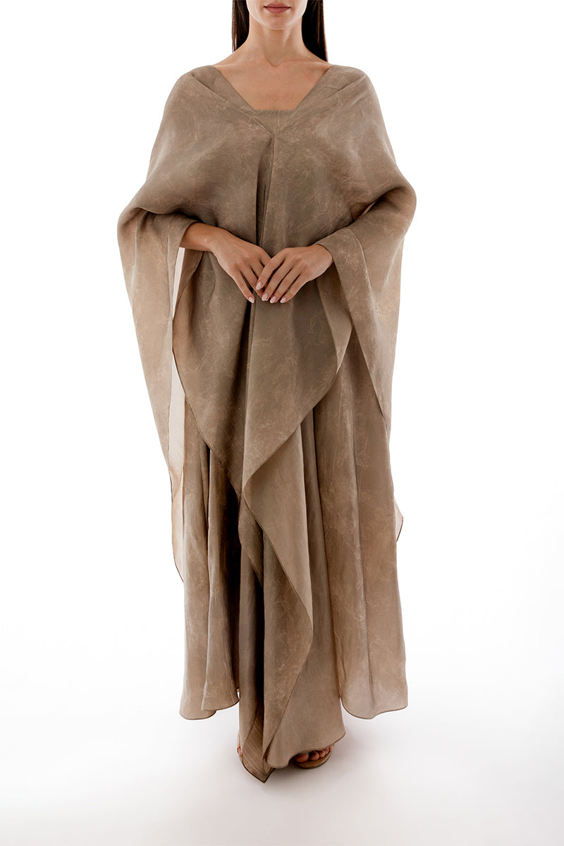 Shatha Essa draped detail caftan top with strappy inner dress, maxi dress in soft fabric, front view showing elegant design.