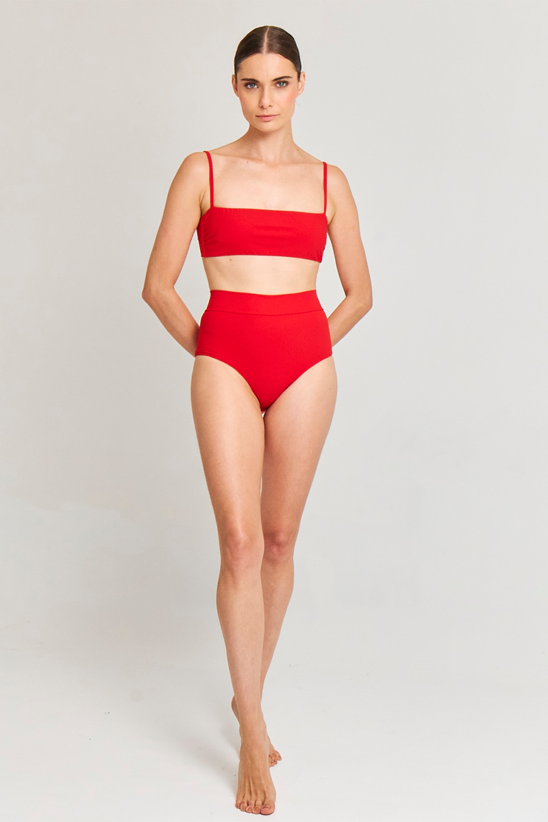 RED BANDEAU TOP AND HIGH-RISE BOTTOM BIKINI - CULT MIA