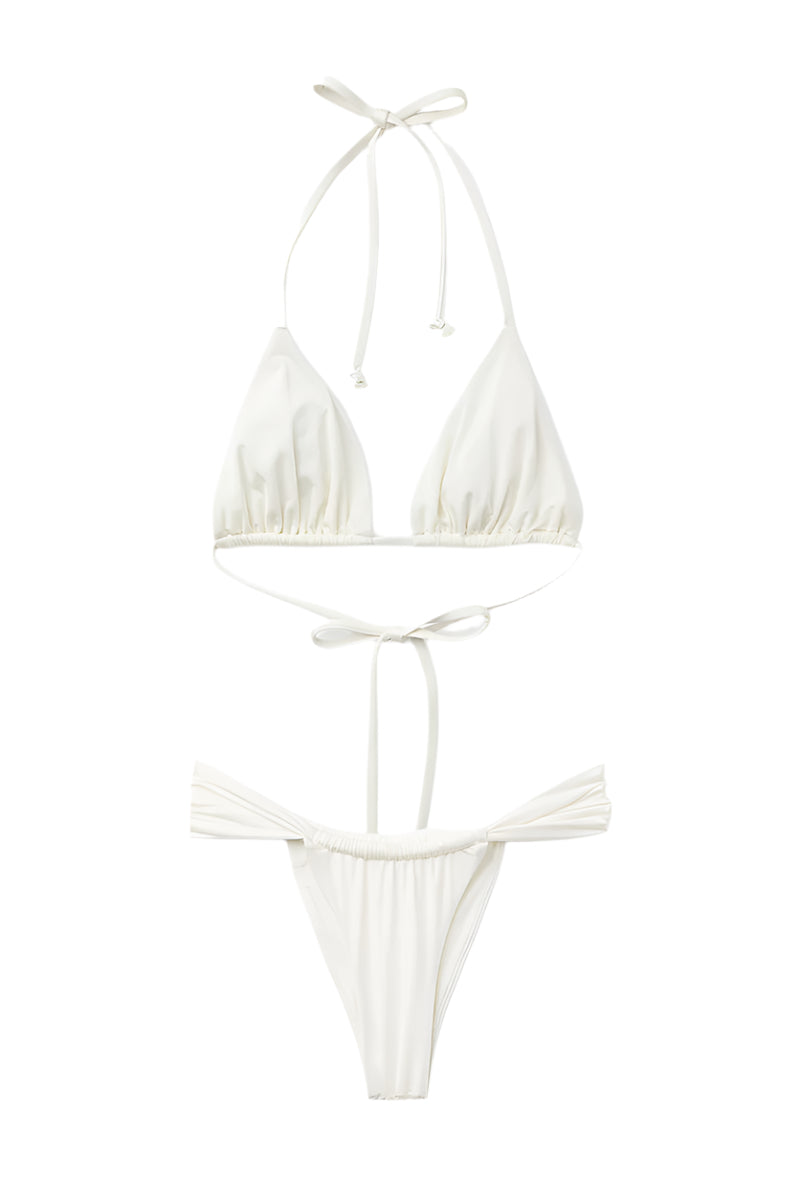 Seaquelle clean bikini top and reef bottoms in pearl white, featuring a sleek, minimalist design on a model.