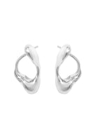 Silver RENASER earrings by Eugenia Ospina featuring intricate design and polished finish, displayed on a neutral background.