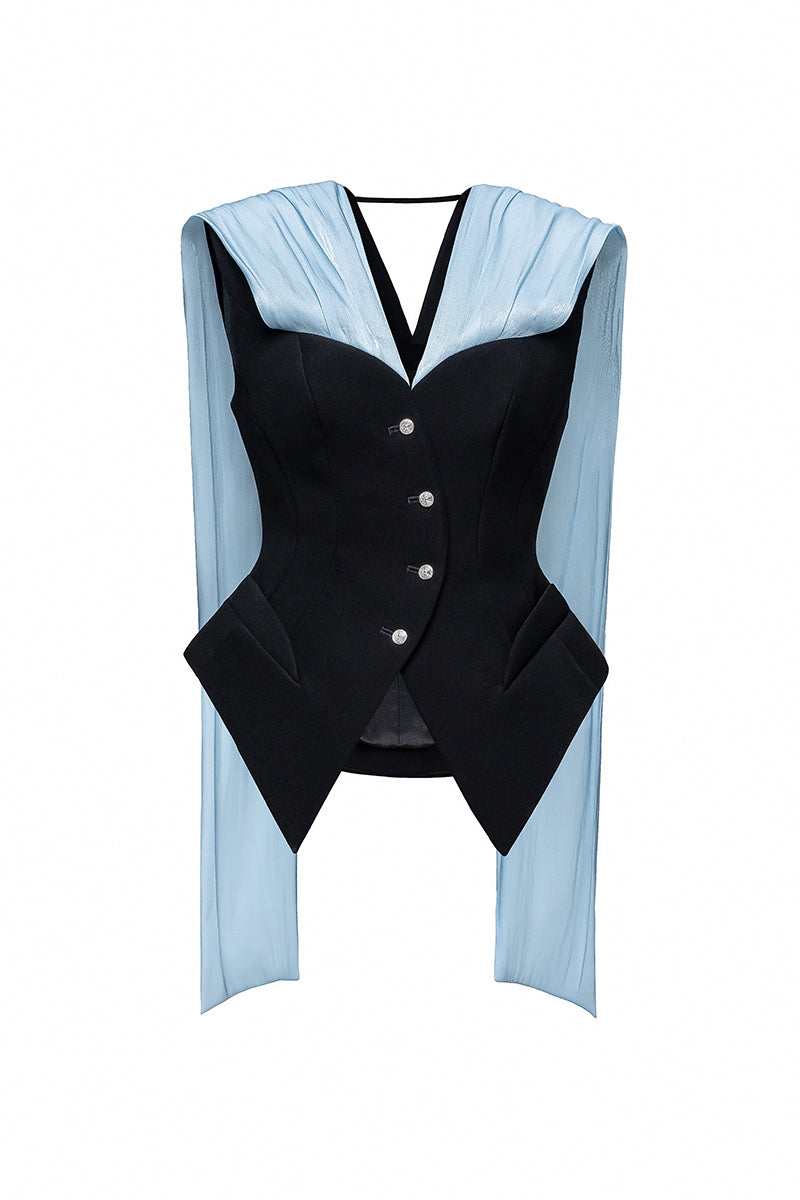 Jenny K Tran Retford blazer jacket displayed on a hanger, featuring a tailored fit and classic design in neutral fabric.