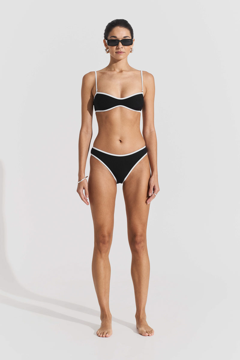 Black ribbed bikini top and bottom set by Seaquelle, featuring textured fabric and classic swimwear design.