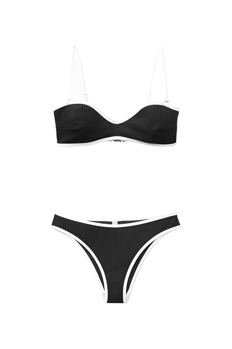 Black ribbed bikini top and bottom by Seaquelle, featuring textured fabric and a sleek, fitted design for beach or poolwear.