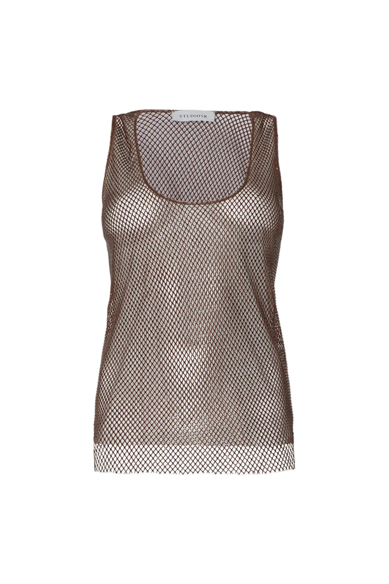 Brown Studio NK Rita tank top displayed on a mannequin, showcasing a sleeveless, casual women's top with a relaxed fit.