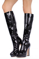 Black River Gloss boots by Terry de Havilland with a sleek, shiny finish and pointed toe, displayed on a neutral background.