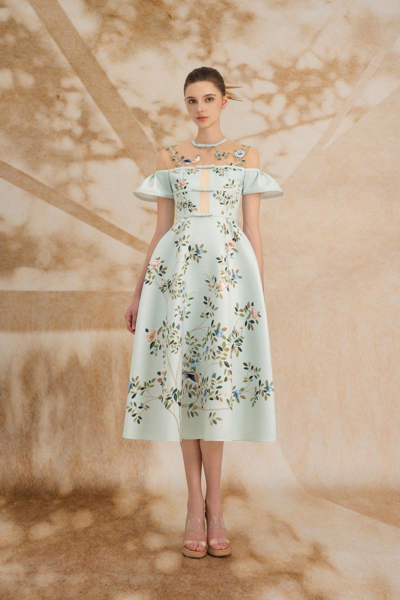 SERAPHINA A-LINE ILLUSION NECK TAFFETA SILK MIDI DRESS