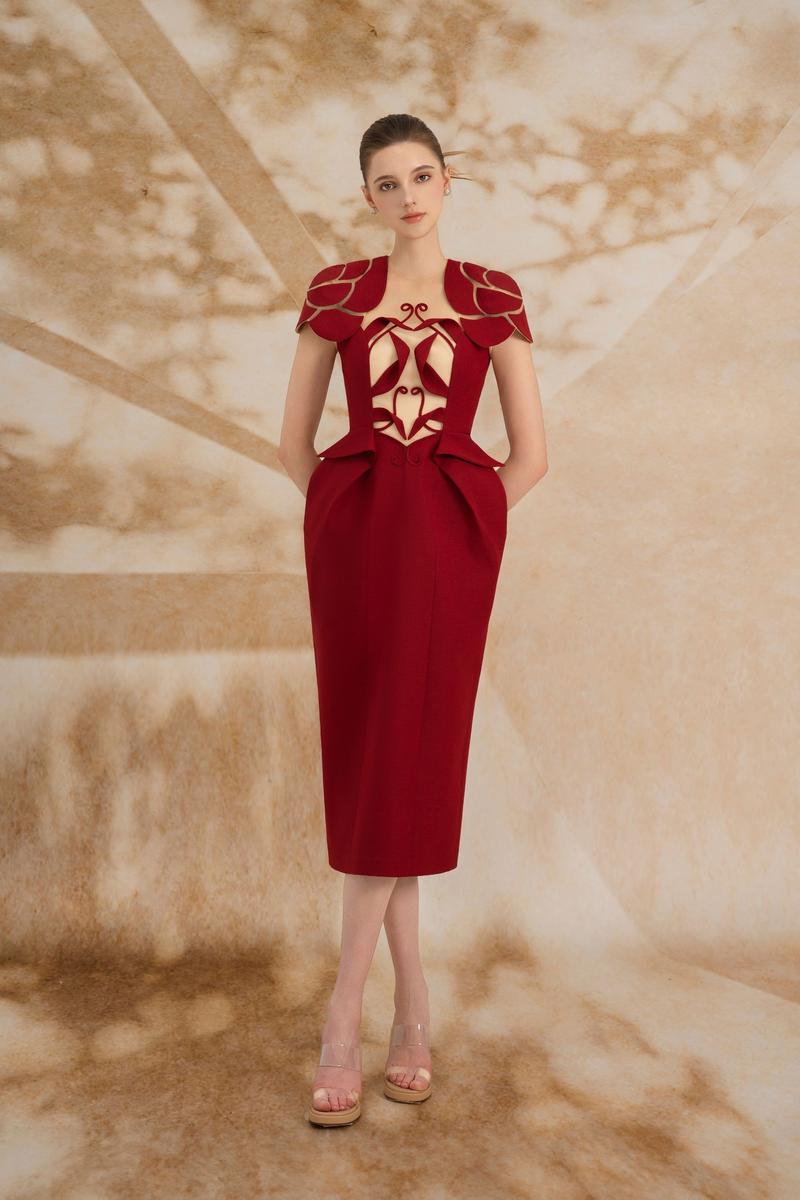 ELODIE PEGGED CAPE SHOULDER POLY COTTON MIDI DRESS