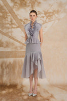 Rosee de Matin Melina asymmetric ruffled organza midi dress, elegant sleeveless design with layered ruffle details.