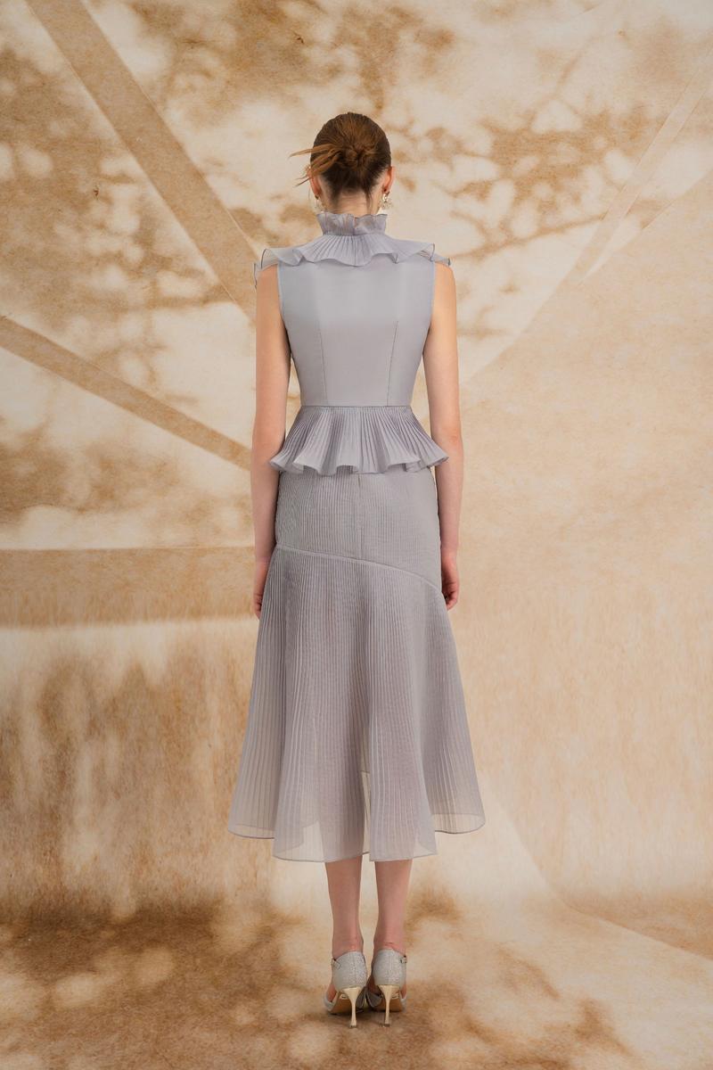 Rosee de Matin Melina asymmetric ruffled organza midi dress, elegant design with ruffle details and flowing fabric.