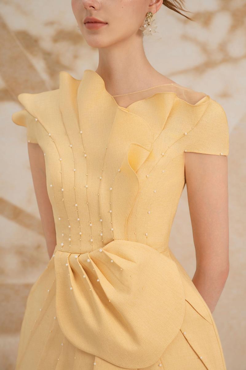 Rosalba A-line cap sleeve mini dress by Rosee de Matin in poly cotton fabric, featuring a fitted waist and flared skirt.