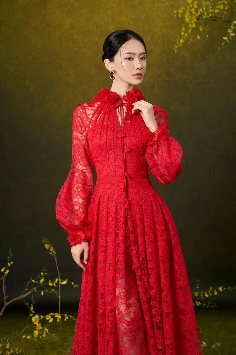 CLAIRE A-LINE PLEATED LACE MIDI DRESS | CULT MIA | ROSEE DE MATIN CLAIRE A-LINE PLEATED LACE MIDI DRESS | CULT MIA | ROSEE DE MATIN