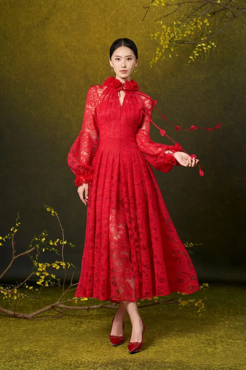 CLAIRE A-LINE PLEATED LACE MIDI DRESS