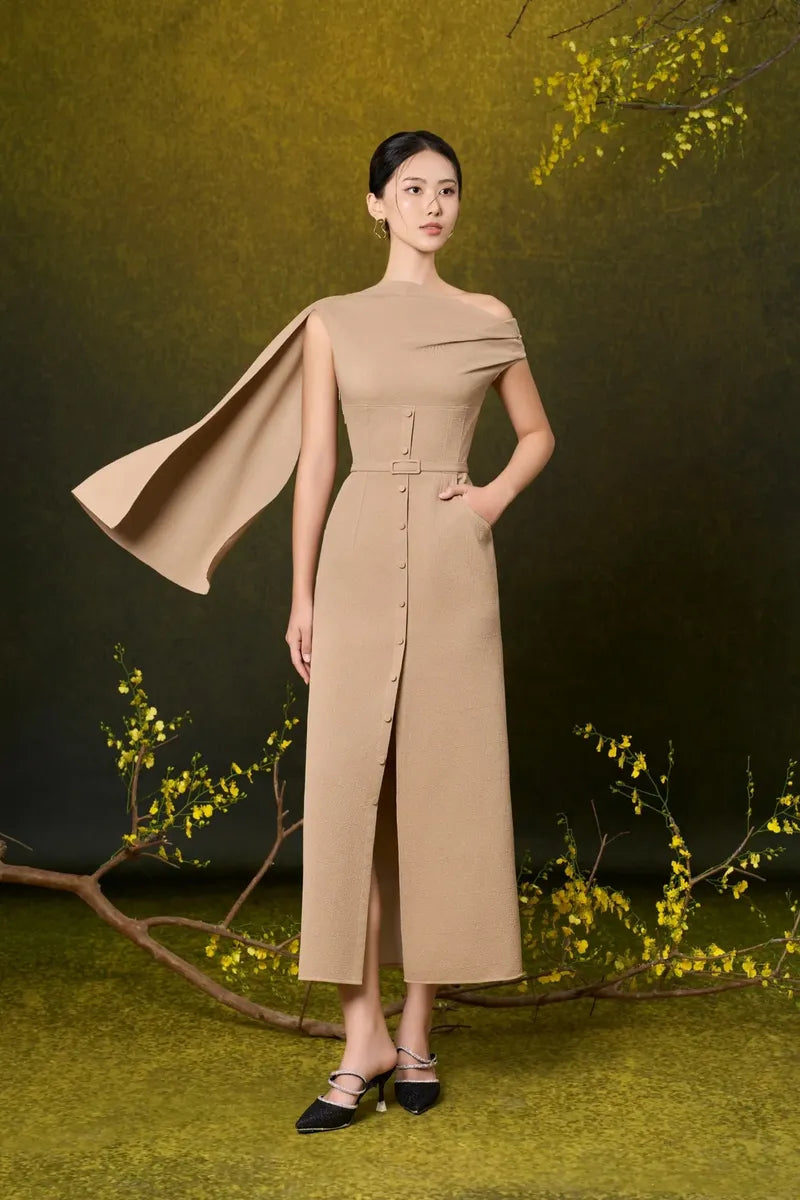 DREAM A-LINE FRONT SLIT POLYESTER BLEND MIDI DRESS