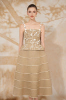Rosee de Matin GIOVANNA tweed midi co-ord set with A-line skirt and square neckline, shown in a stylish, textured fabric.